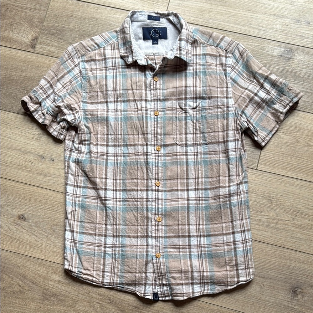 Even Tide Men's Plaid Short Sleeve Shirt - Tan and Blue